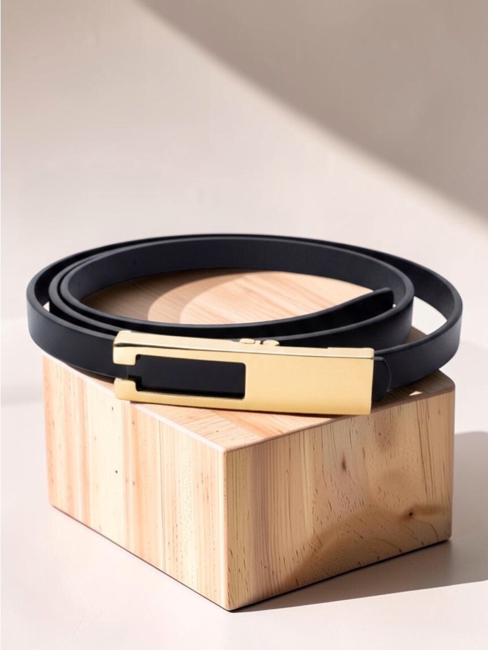 Black Faux Leather Skinny Belt Gold Buckle Womens Thin Minimalist